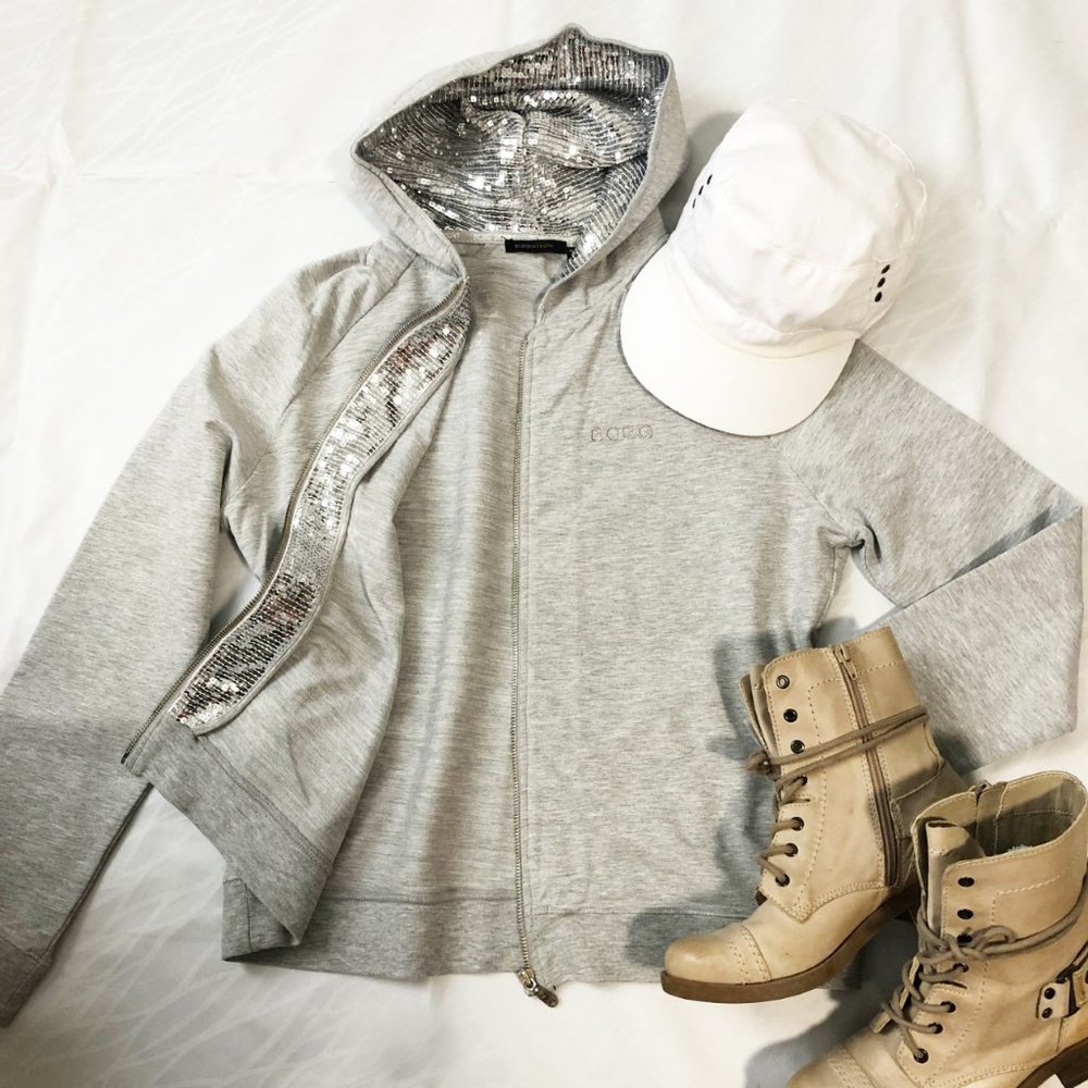 BCBGMaxAzria Light Gray Sequin-Trim Hoodie